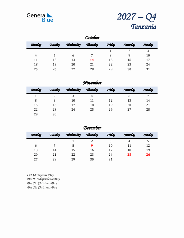 October, November, and December Calendar for Tanzania with Monday Start