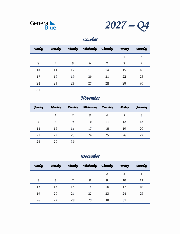 Sunday Start 2027 Quarterly Calendar