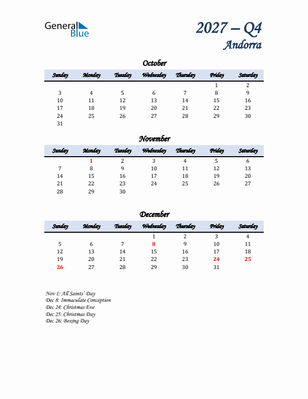 October, November, and December Calendar for Andorra with Sunday Start