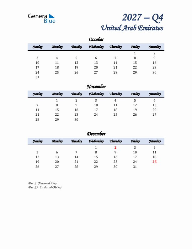 October, November, and December Calendar for United Arab Emirates with Sunday Start