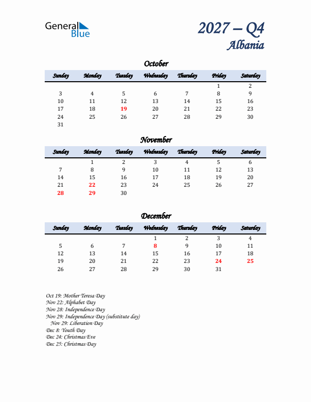 October, November, and December Calendar for Albania with Sunday Start