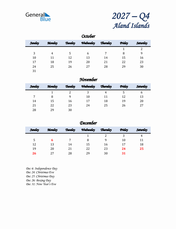 October, November, and December Calendar for Aland Islands with Sunday Start