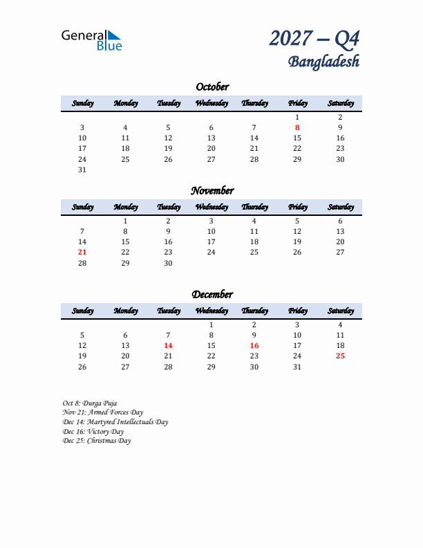 October, November, and December Calendar for Bangladesh with Sunday Start