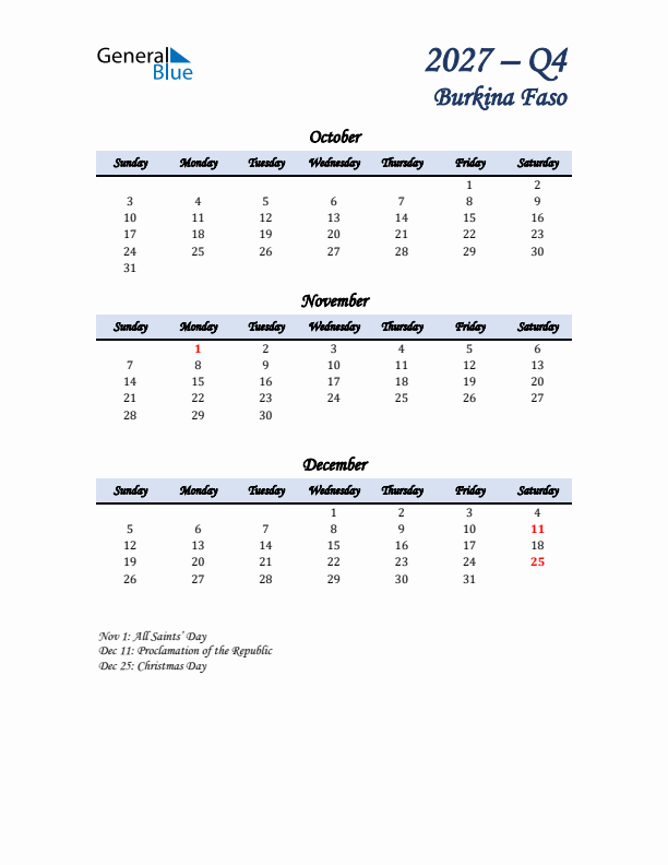 October, November, and December Calendar for Burkina Faso with Sunday Start