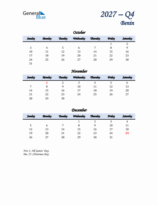 October, November, and December Calendar for Benin with Sunday Start