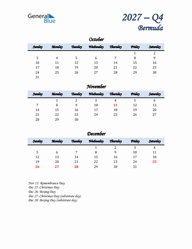 October, November, and December Calendar for Bermuda with Sunday Start