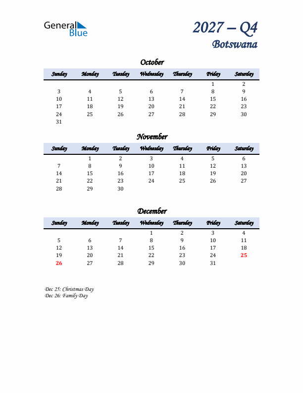 October, November, and December Calendar for Botswana with Sunday Start