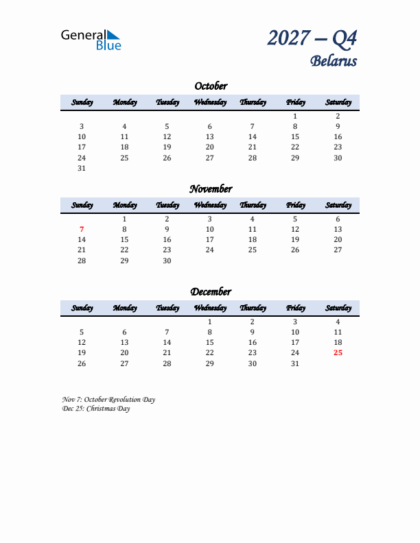 October, November, and December Calendar for Belarus with Sunday Start