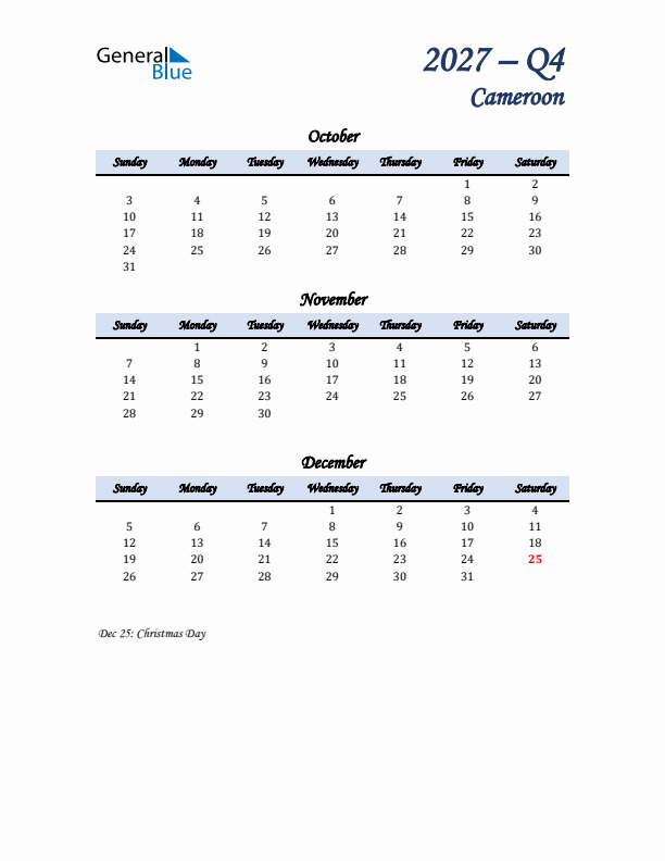 October, November, and December Calendar for Cameroon with Sunday Start