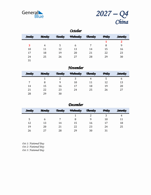 October, November, and December Calendar for China with Sunday Start