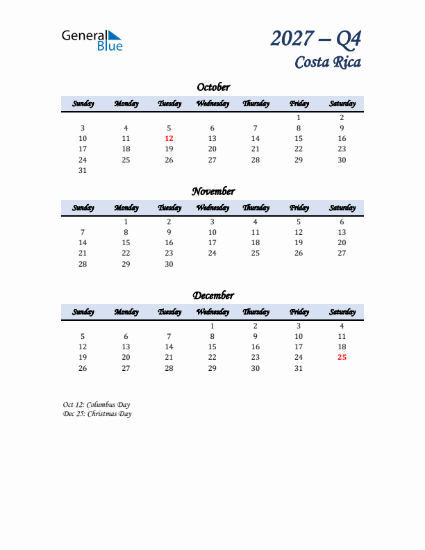 October, November, and December Calendar for Costa Rica with Sunday Start