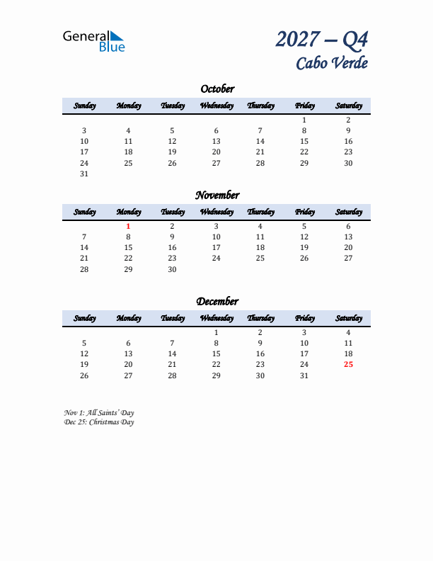 October, November, and December Calendar for Cabo Verde with Sunday Start