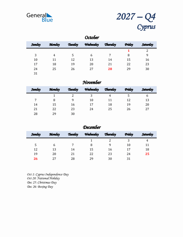 October, November, and December Calendar for Cyprus with Sunday Start