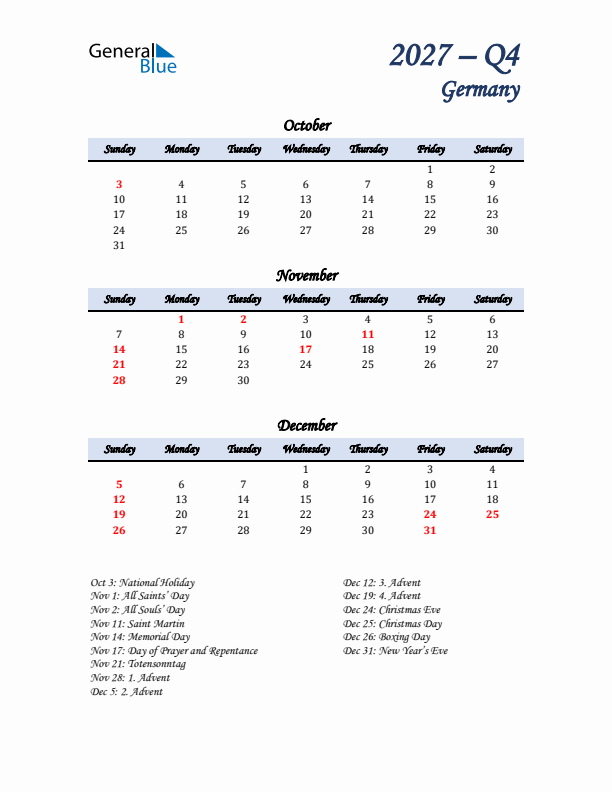 October, November, and December Calendar for Germany with Sunday Start