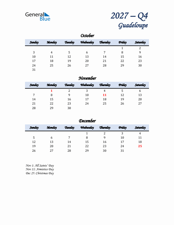 October, November, and December Calendar for Guadeloupe with Sunday Start