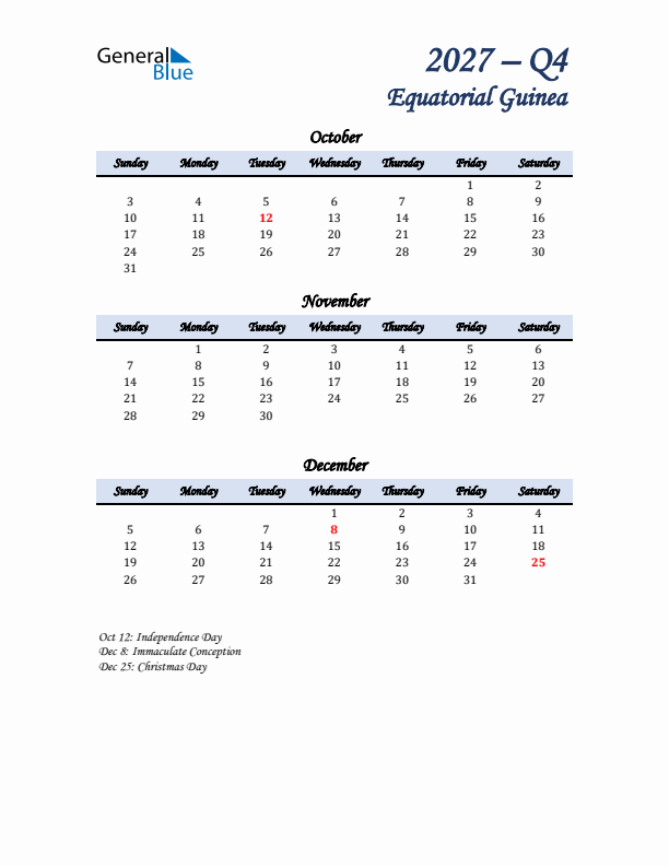 October, November, and December Calendar for Equatorial Guinea with Sunday Start