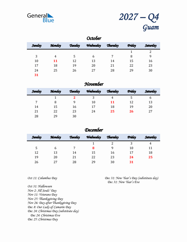 October, November, and December Calendar for Guam with Sunday Start