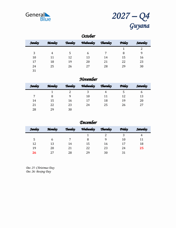 October, November, and December Calendar for Guyana with Sunday Start