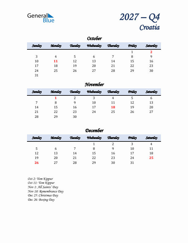 October, November, and December Calendar for Croatia with Sunday Start