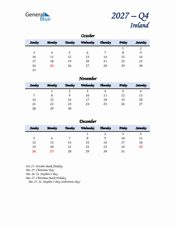 October, November, and December Calendar for Ireland with Sunday Start