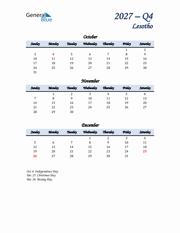 October, November, and December Calendar for Lesotho with Sunday Start