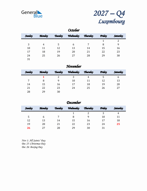 October, November, and December Calendar for Luxembourg with Sunday Start