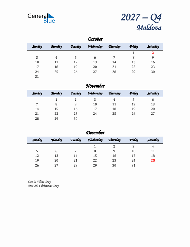 October, November, and December Calendar for Moldova with Sunday Start