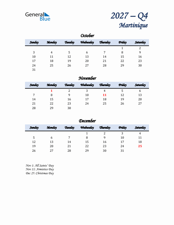 October, November, and December Calendar for Martinique with Sunday Start