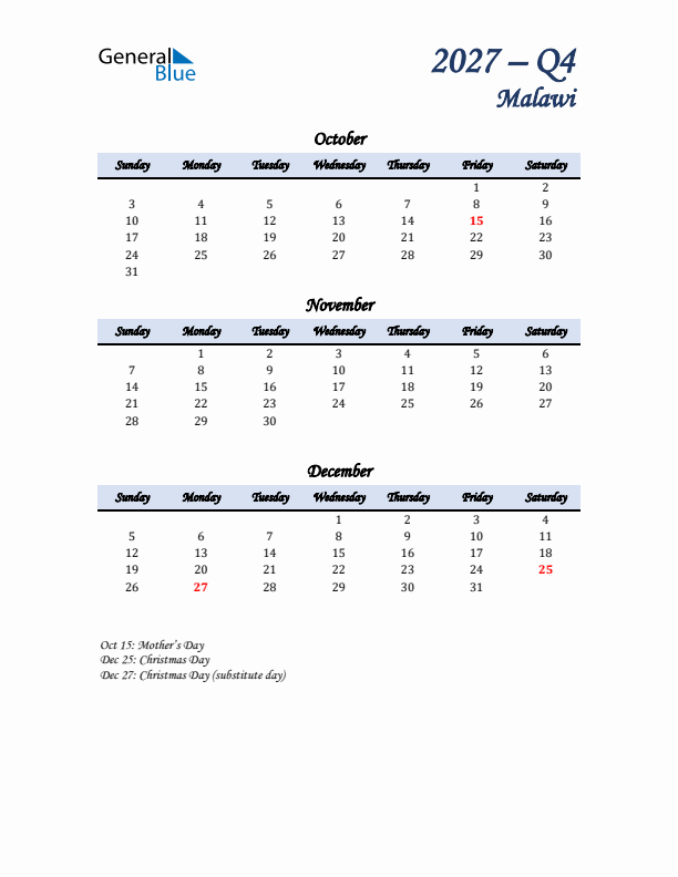 October, November, and December Calendar for Malawi with Sunday Start