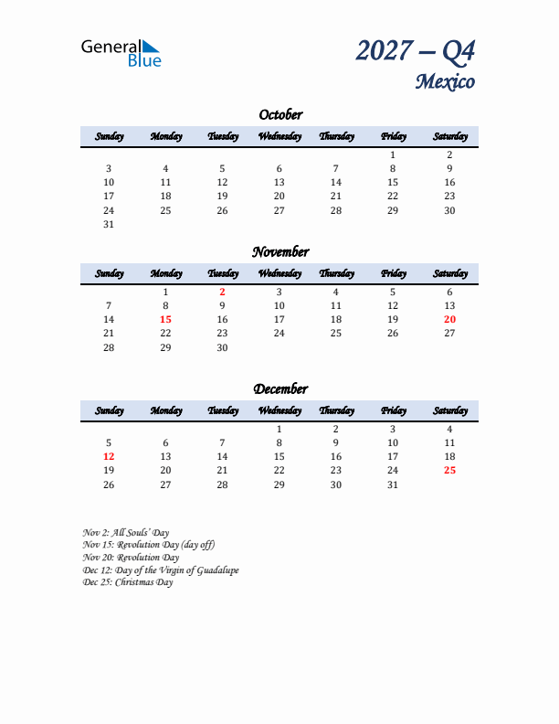 October, November, and December Calendar for Mexico with Sunday Start