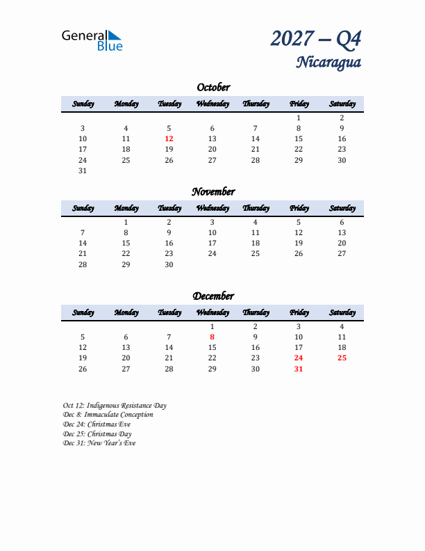 October, November, and December Calendar for Nicaragua with Sunday Start