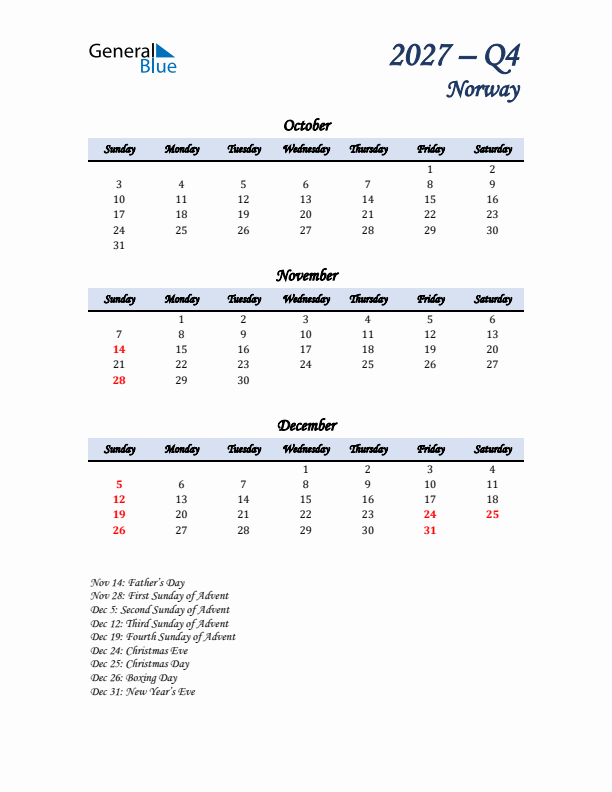 October, November, and December Calendar for Norway with Sunday Start