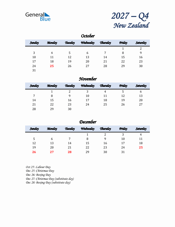 October, November, and December Calendar for New Zealand with Sunday Start