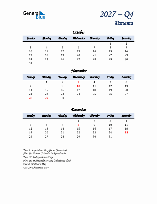 October, November, and December Calendar for Panama with Sunday Start