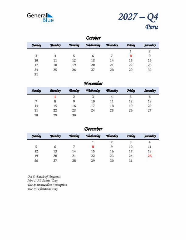 October, November, and December Calendar for Peru with Sunday Start