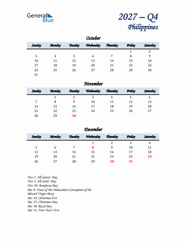 October, November, and December Calendar for Philippines with Sunday Start