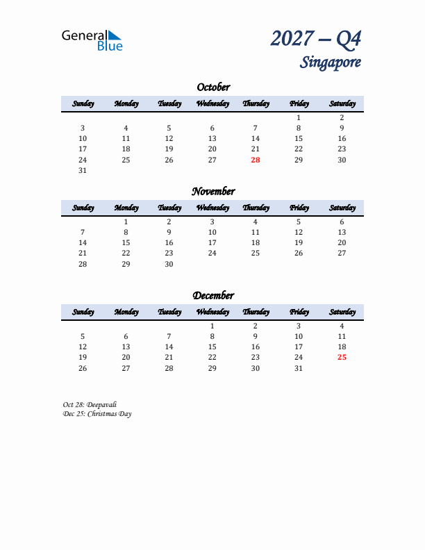 October, November, and December Calendar for Singapore with Sunday Start