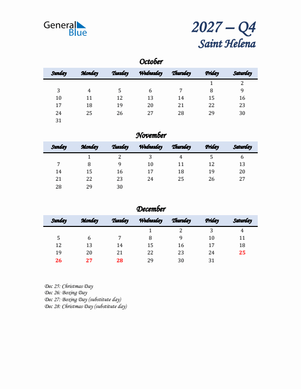 October, November, and December Calendar for Saint Helena with Sunday Start