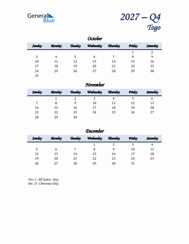 October, November, and December Calendar for Togo with Sunday Start