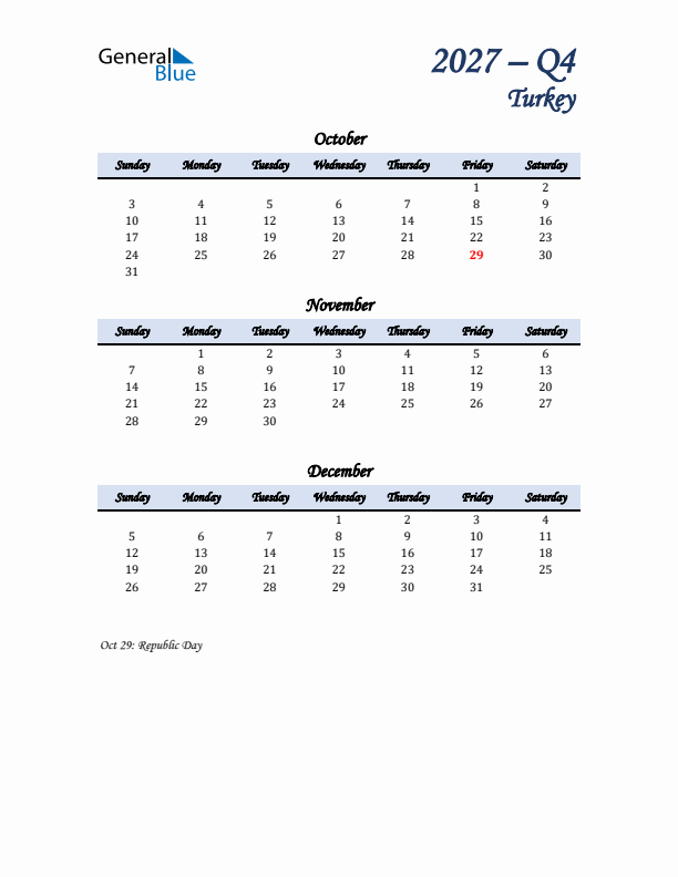 October, November, and December Calendar for Turkey with Sunday Start