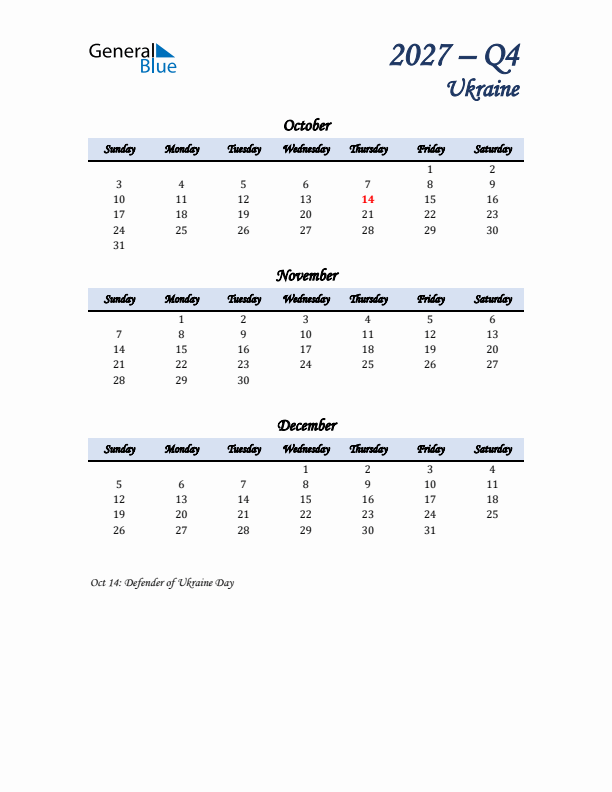 October, November, and December Calendar for Ukraine with Sunday Start