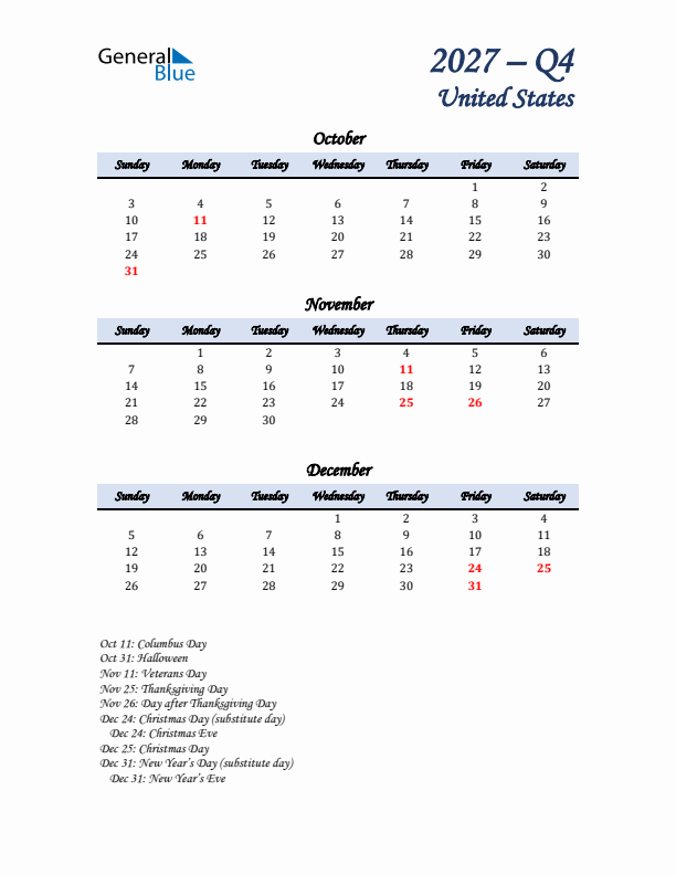 October, November, and December Calendar for United States with Sunday Start