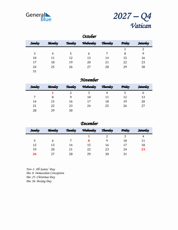 October, November, and December Calendar for Vatican with Sunday Start