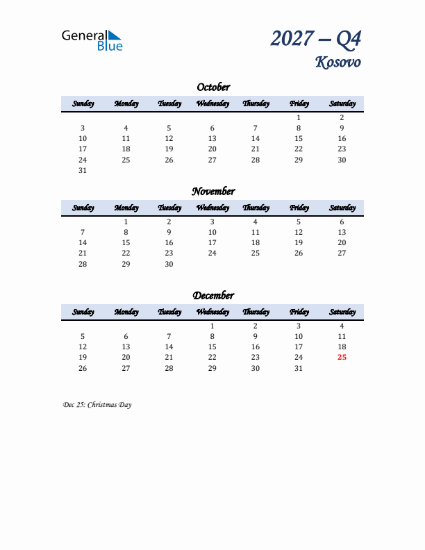 October, November, and December Calendar for Kosovo with Sunday Start