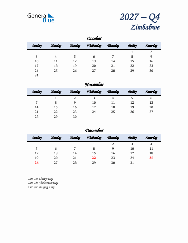 October, November, and December Calendar for Zimbabwe with Sunday Start