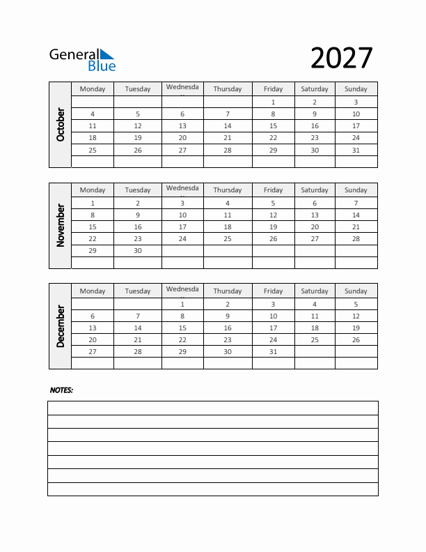 Q4 2027 Calendar with Notes