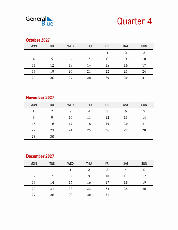 Three-Month Printable Calendar 2027