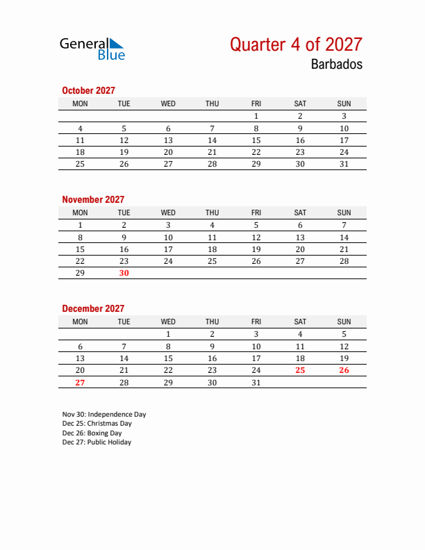 Printable Three Month Calendar with Barbados Holidays