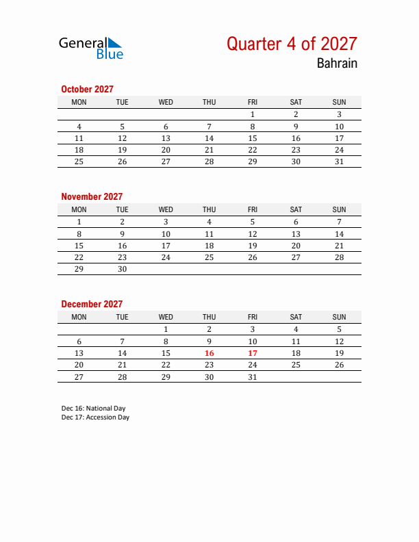 Printable Three Month Calendar with Bahrain Holidays