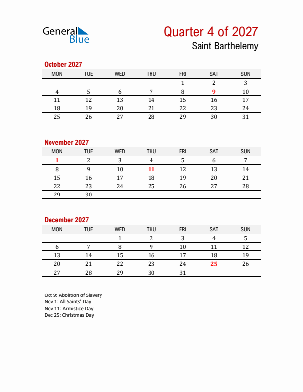 Printable Three Month Calendar with Saint Barthelemy Holidays